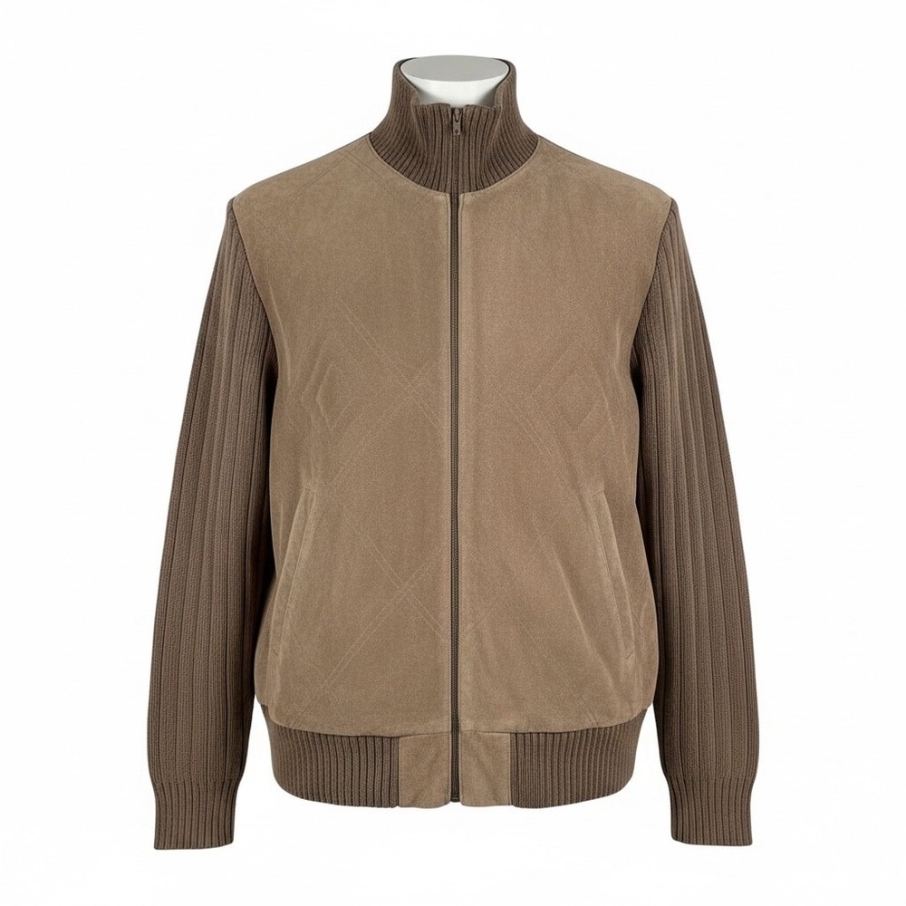 Anthony's Vintage Suede Leather Knit Bomber Jacket Men XL Brown Full Zip Diamond